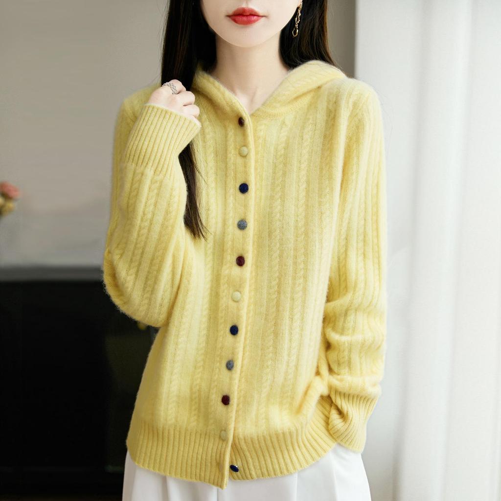 Women's Thickened Hooded Wool Cardigan: Autumn/Winter Simple Casual Cable Knit Sweater Coat