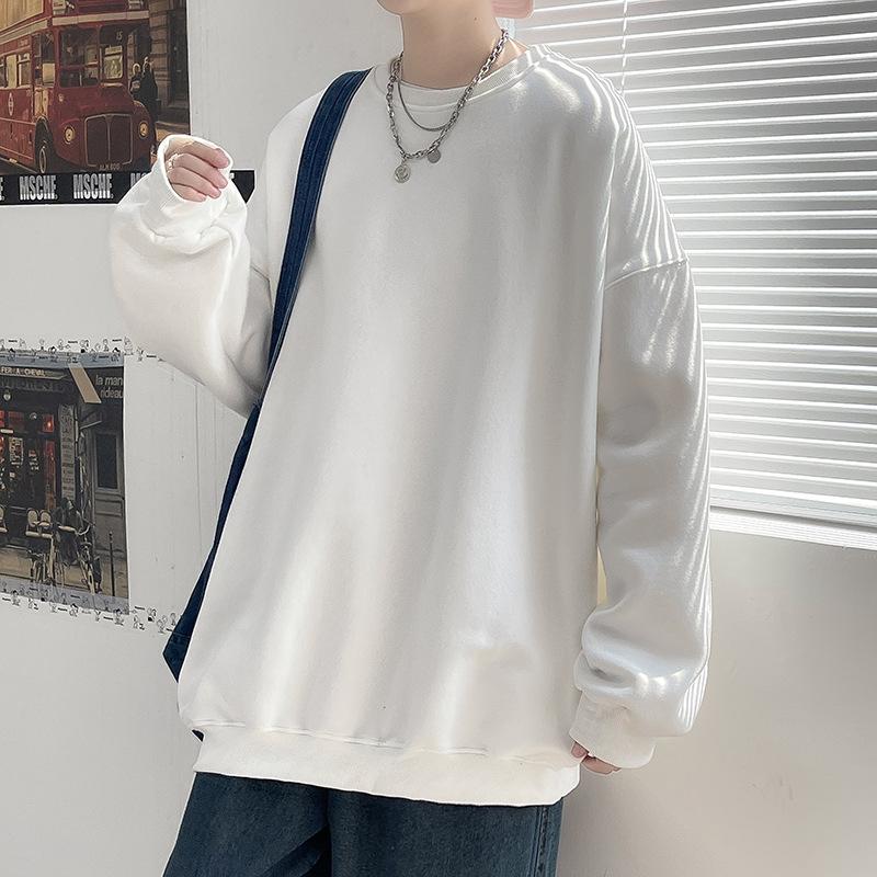 Men's Sweatshirt Spring and Autumn Loose Casual Chinese Cotton Round Neck Sweatshirt Men's Pullover Long-sleeved Solid Color Bottoming Shirt