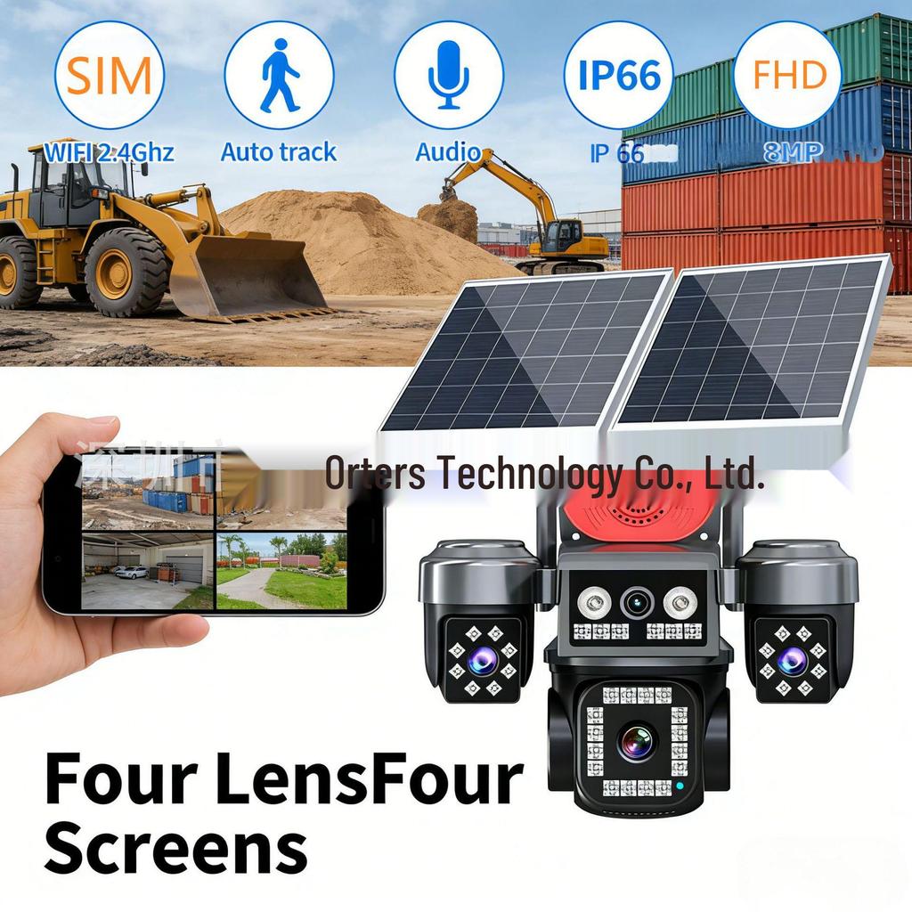 4G Solar Camera with Lifetime Free Data, Low Power, All-Day Recording, 4-Lens, No Network or Power Needed