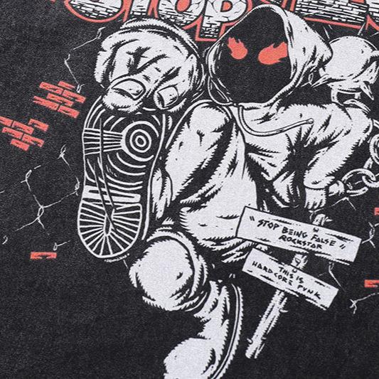 American Hip Hop Gangster Cartoon Print Washed Old Short-Sleeved T-Shirt Men'S And Women'S Retro Trendy Brand Half-Sleeved Base T