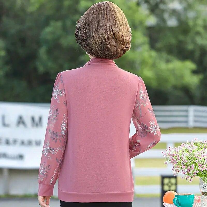 Korejská dámská móda Volné tričko Jaro Léto Stojáček Gáza Dlouhý rukáv Oblečení velkých velikostí Květinové Ležérní Základní