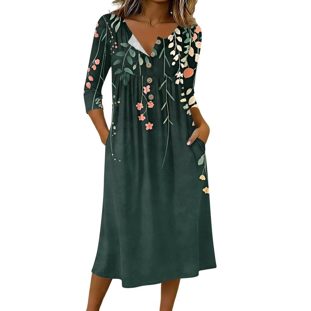 Women V Neck Floral Print Midi Dress with 3 4 Sleeve Pockets Casual Loose Fit A Line Summer Dress