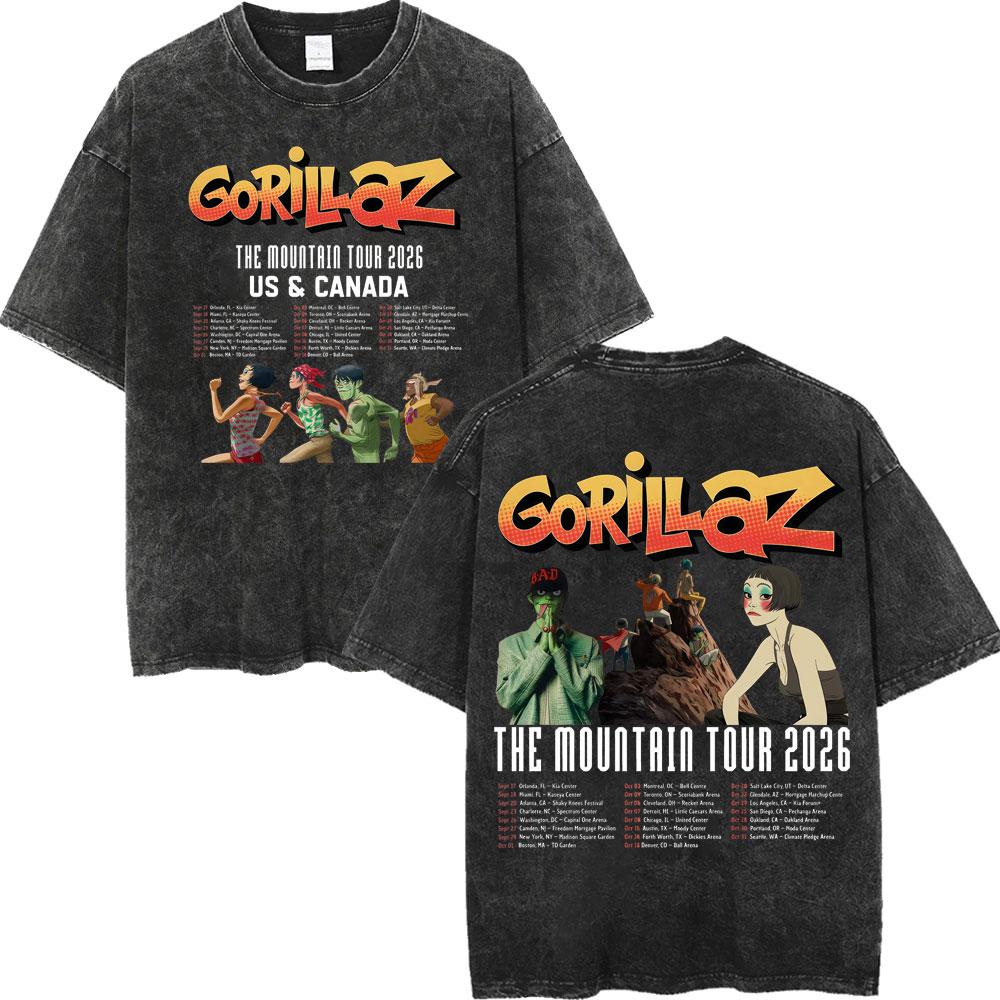 Vintage Washed Gorillaz The Mountain Tour Tshirts Men Women Casual Fashion Tshirt High Quality Cotton Oversized T Shirt