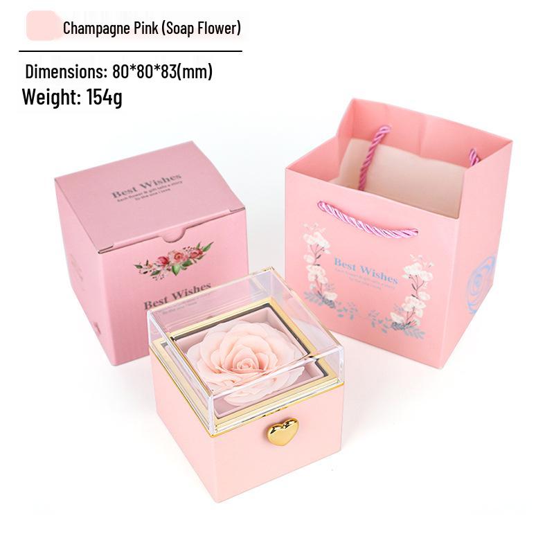Automatic Rotating Acrylic Jewelry Box with Preserved Rose and Necklace - Valentine's Day Gift