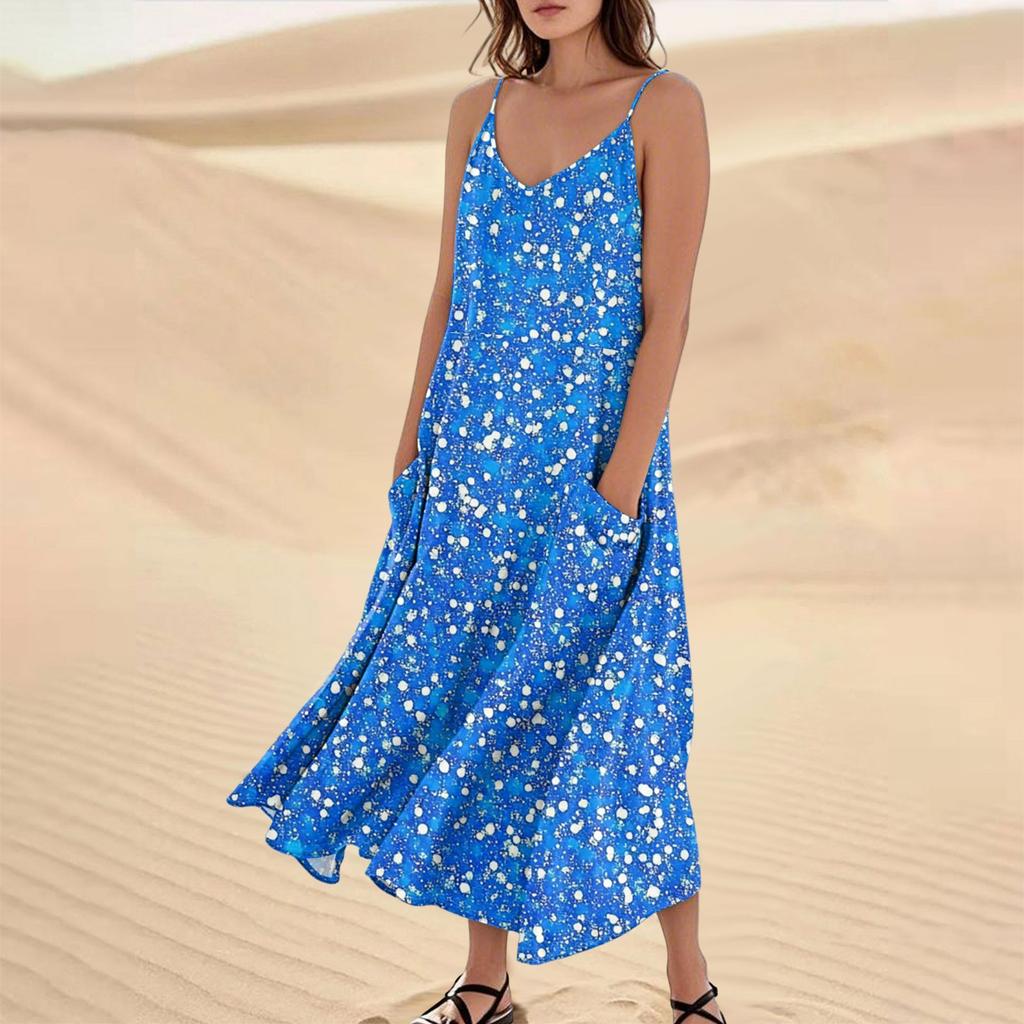 Women's Fashion Casual Floral Print Sleeveless Pocket Long Beach Dress