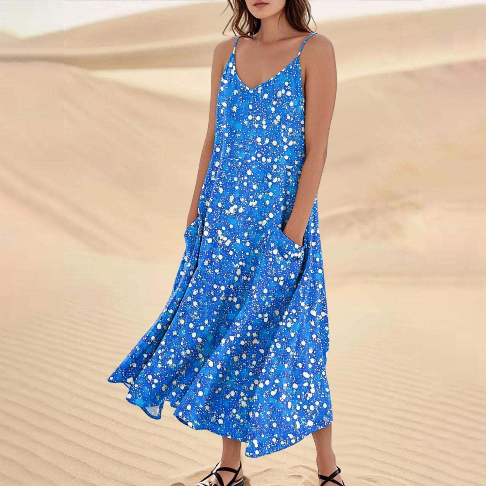

Женское модное повседневное длинное пляжное платье без рукавов с карманом и цветочным принтом L синий