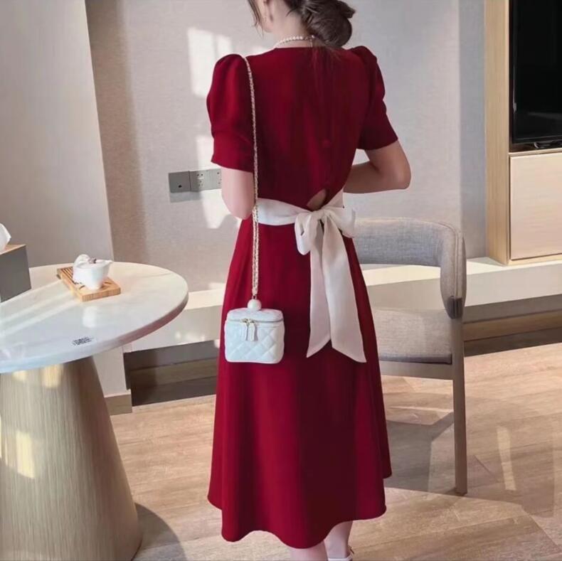 Plus Size Women's Summer Bow Back Dress - Waist-Cinching Slim Puff Sleeves Mid-Length Skirt