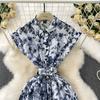 Sommer Damen Casual Kurzarm Umlegekragen Einreiher Lang Midi Print Partykleider mit Gürtel