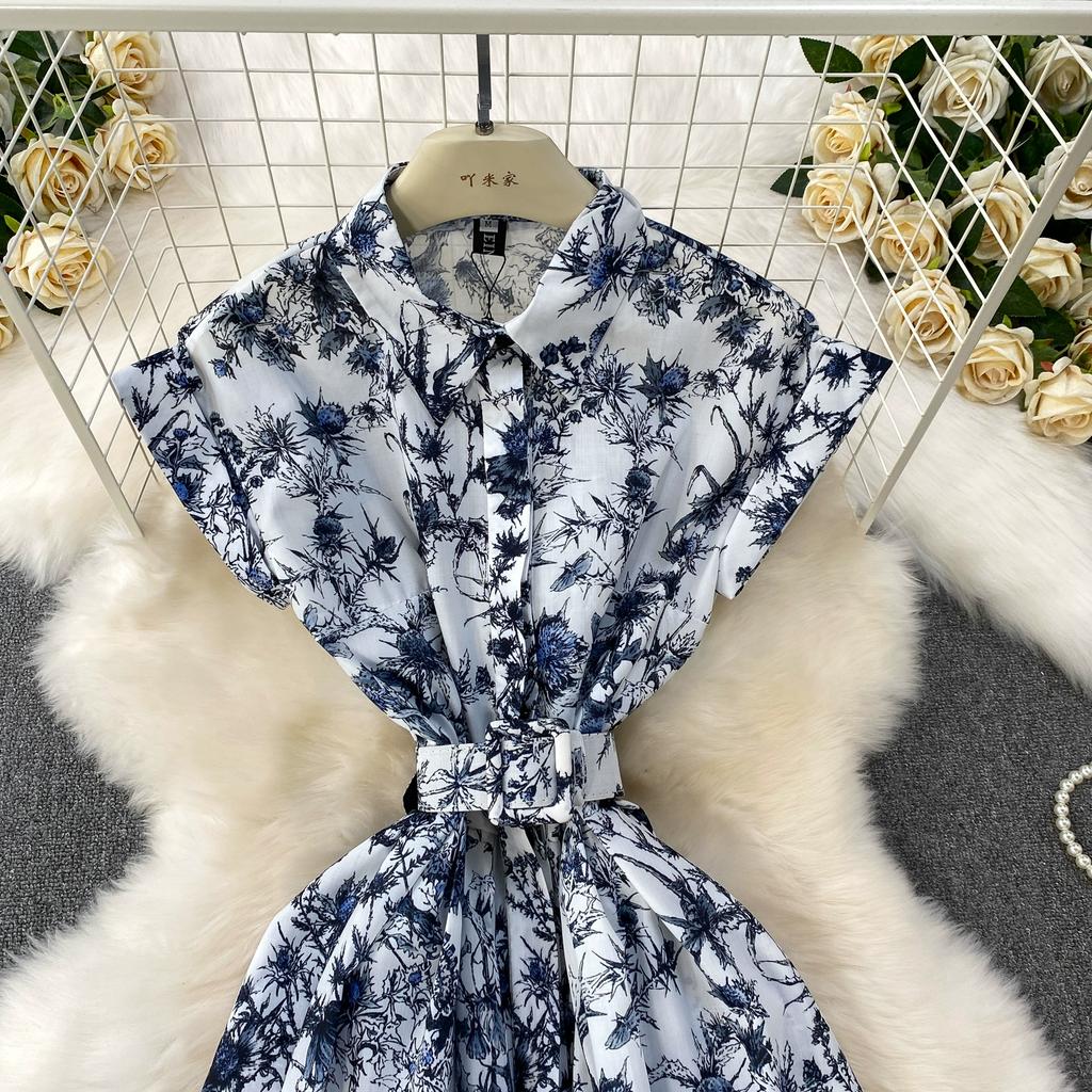 Sommer Damen Casual Kurzarm Umlegekragen Einreiher Lang Midi Print Partykleider mit Gürtel