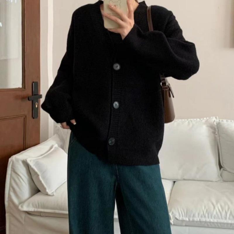 Autumn and Winter New Loose Wind Lazy V-neck Knitted Cardigan Top Women's Solid Color Soft Waxy Casual Versatile Sweater Jacket