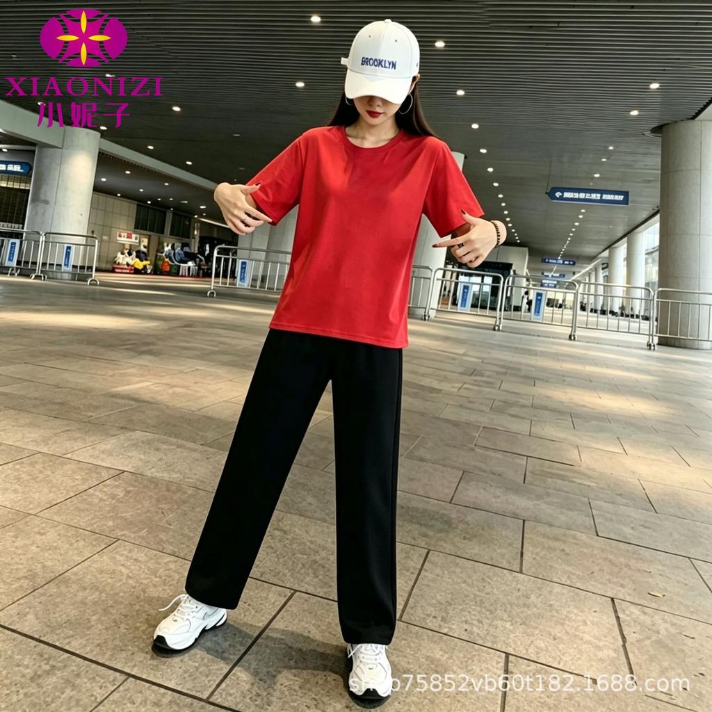 Summer clothing large size sportswear foreign style new women's pure cotton short-sleeved loose top thin straight pants two-piece set