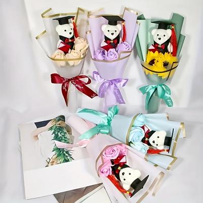 1 Creative Gift of Graduation PhD Bear Three Roses Sunflower Bouquet, Suitable for Valentine's Day, Mother's Day, Teacher's Day