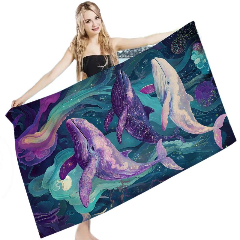 Tropical Quick-Dry Beach Towel with Ocean Whale & Sea Turtle Print - Absorbent & Ideal for Summer Seaside Vacations