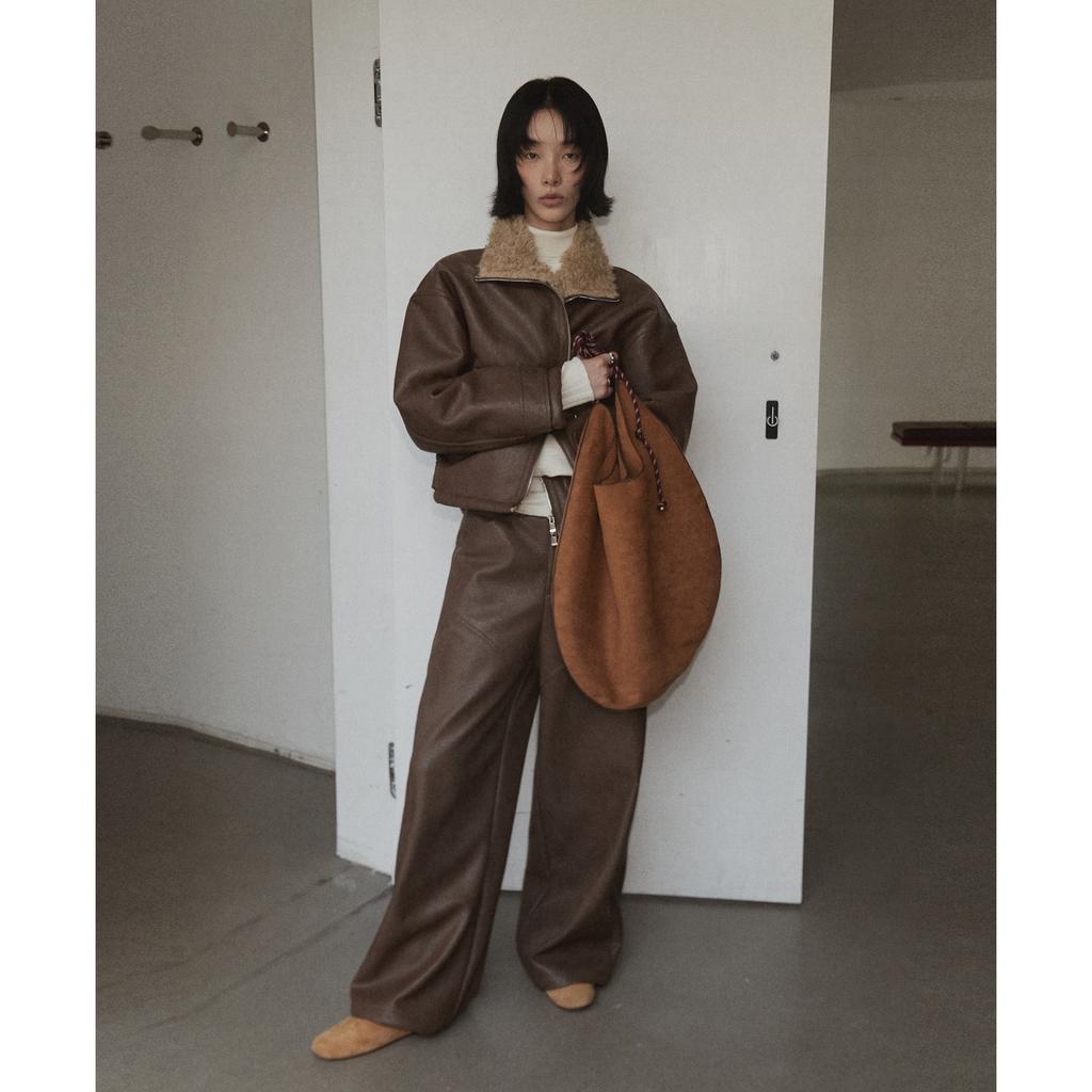 Retro Pu Leather Women's Winter Lamb Wool Thickened Warm Fur All-in-one Jacket