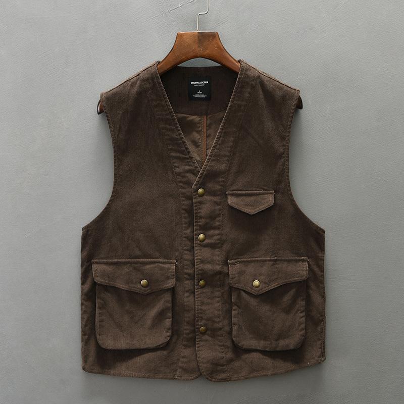 

Japanese Retro Workwear Men s Vest Spring Fall Fishing Waistcoat Men Cotton Vest V-neck Single-breasted Sleeveless Casual Jackets XXXXL кавовий