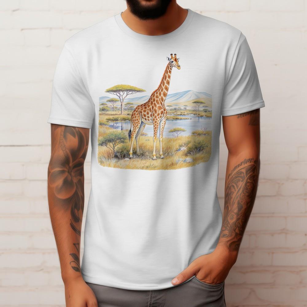 

Watercolor Giraffe African Safari Lake Scenery Unisex T-Shirt, Wildlife Gift S
