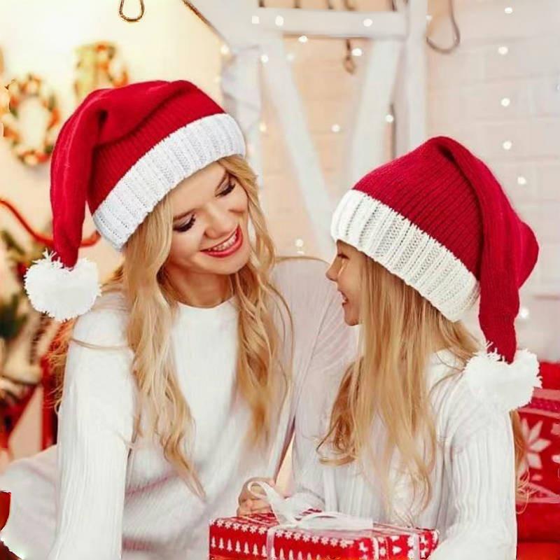 Christmas Warm Knitted Woolen Hat Winter Red Santa Hat Holiday Dress Parent-Child Woolen Hat