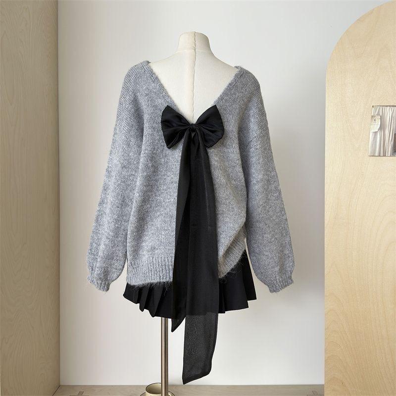 Rückenfreier Schleifen Grauer Alpaka-Wollpullover - Herbst Koreanischer Stil Slim Fit Pullover für Damen