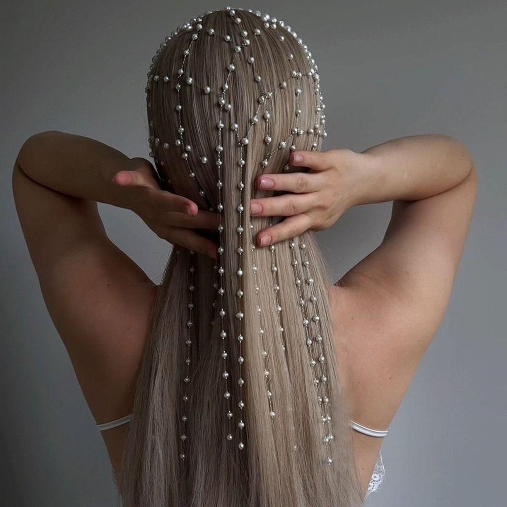 Hollow Mesh Bridal Hair Chain Imitation Pearl Wedding Hair Accessories  Women Gifts