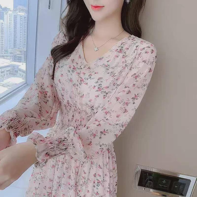 2024 Floral Chiffon V-Neck Dress: High-Waisted, Long-Sleeve, Waist-Cinching Korean Style for Spring and Autumn