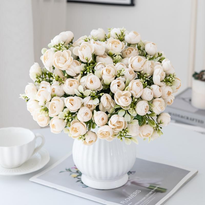 15 Heads Silk Roses Small Tea Bud Artificial Flowers Wedding Festival Room Decor Home Ornamental Flowerpot Photography Props Diy