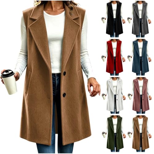 Women's Long Wool Lapel Collar Button Front Vest with Pockets