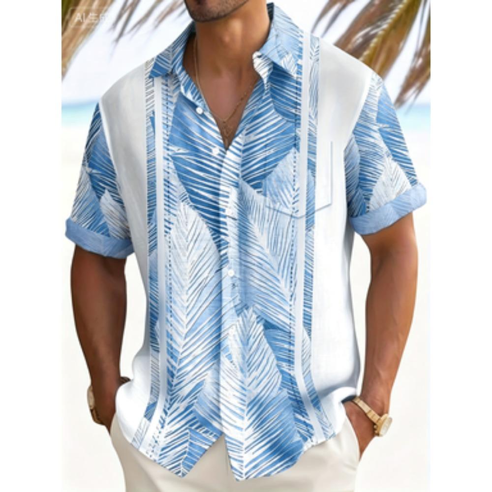 Retro plant leaves contrast stitching men's button pocket short-sleeved Hawaiian shirt