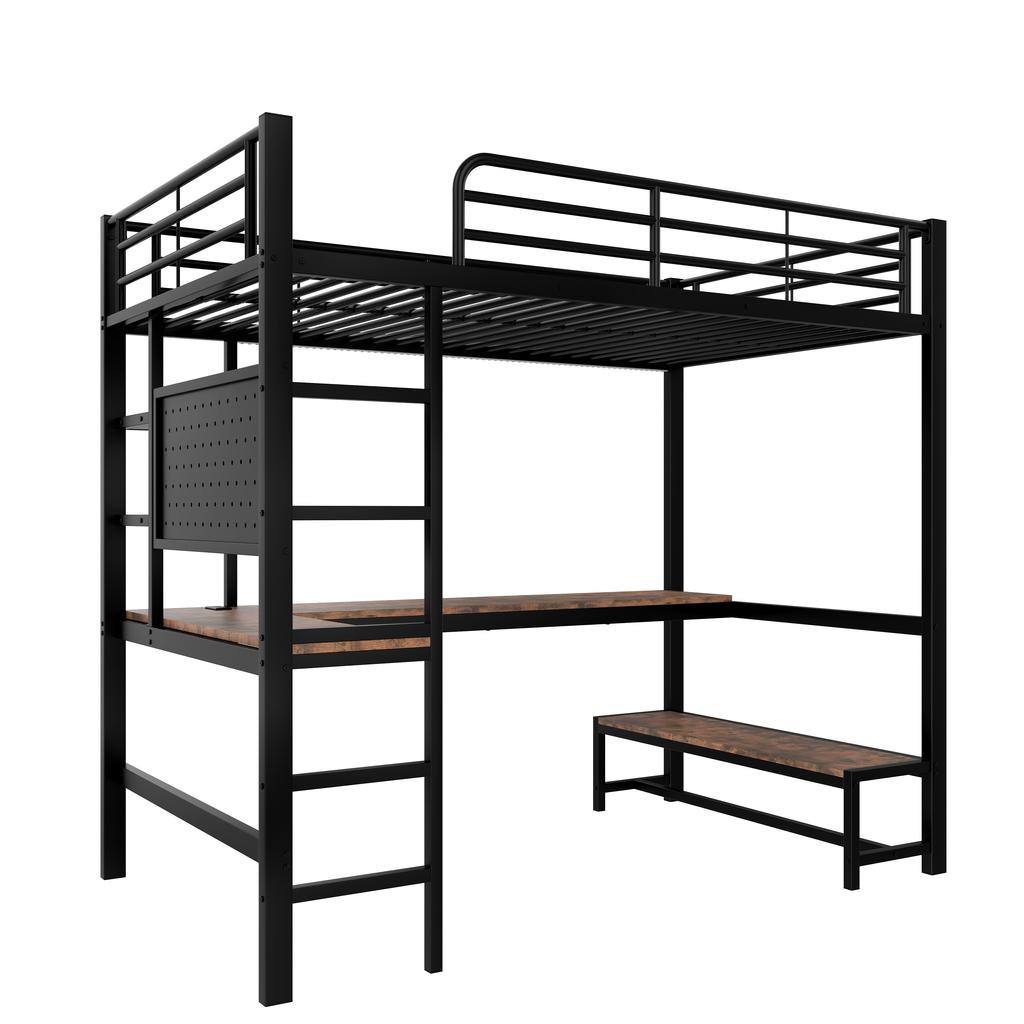 Loft Bed, 90 X 200cm, Iron Frame, Desk, Railing, Ladder, Multiple Shelves, USB+Type-C Socket, LED Strip, Pegboard, Without Mattress, Black