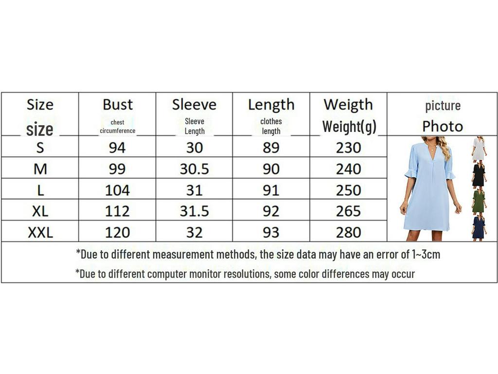 2023 Women's Solid Color V-Neck Loose Pleated Dress with Five-Point Sleeves