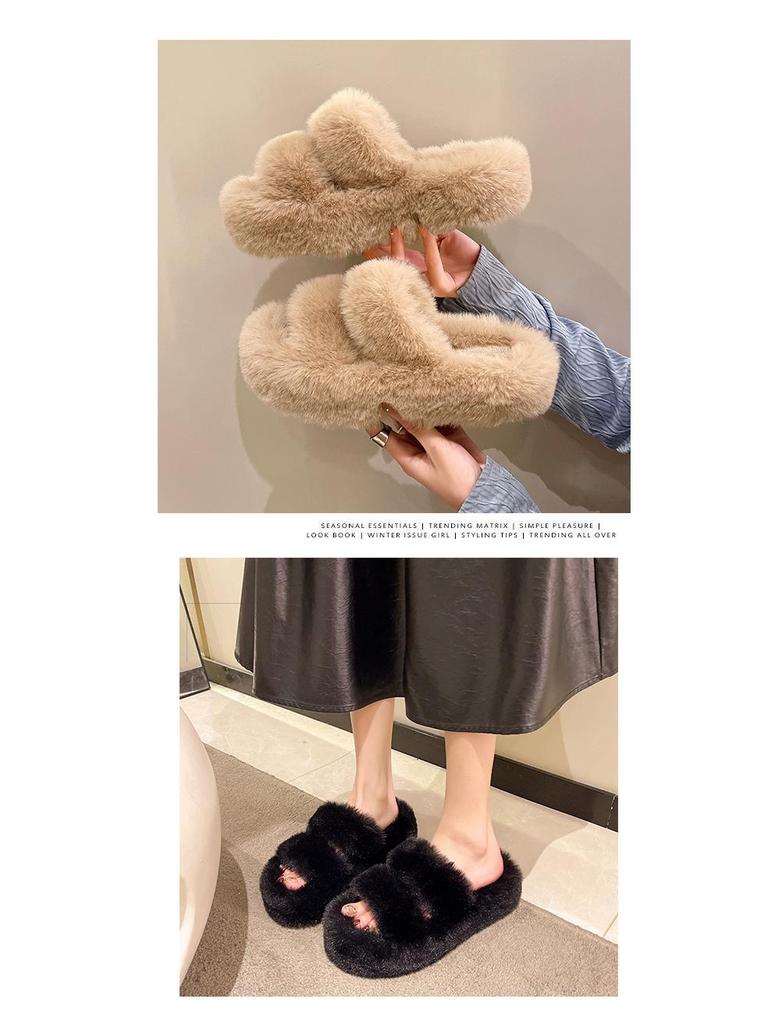 Large Cross-Fur Women's Slippers - Thick, Flat-Bottomed, Warm & Stylish for Spring, Autumn, Winter