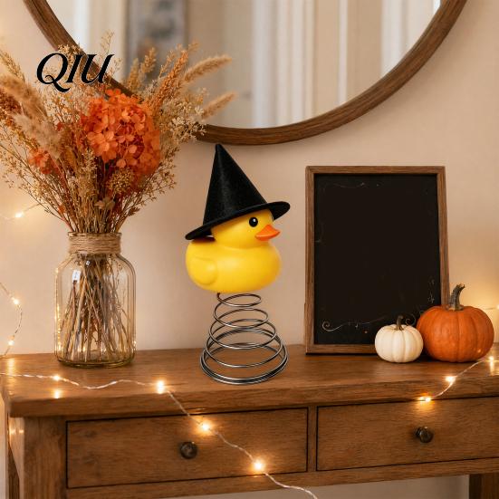 Yellow Duck Christmas Ornament Halloween Tree Topper, Small Witch Topper with Vivid Metal Spring Base for Gothic Home Decor, Holiday Party Supplies