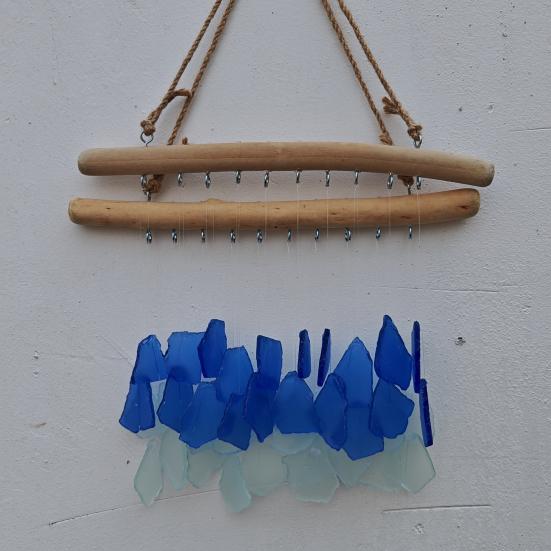 Sea Glass Wind Chime for Outside Handmade Coastal Style Blue Seaglass Art for Indoor Outdoor Garden Home Decor Housewarming Gift for Women