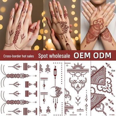 Tatuaggio pizzo a forma di croce marrone-rosso all'henné: Adesivo Floreale Impermeabile Mehndi per la Mano della Sposa.