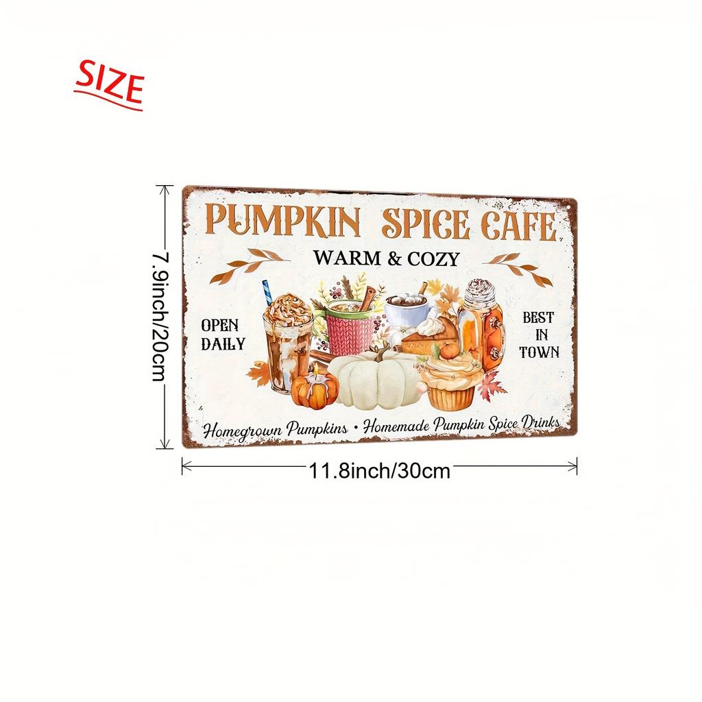 2D Flach - 1 Stück Vintage Kürbisgewürz Café Metallschild - 8x12 Zoll | Rustikale Wanddekoration mit Kaffee, Cupcakes und Herbstblättern | Pro