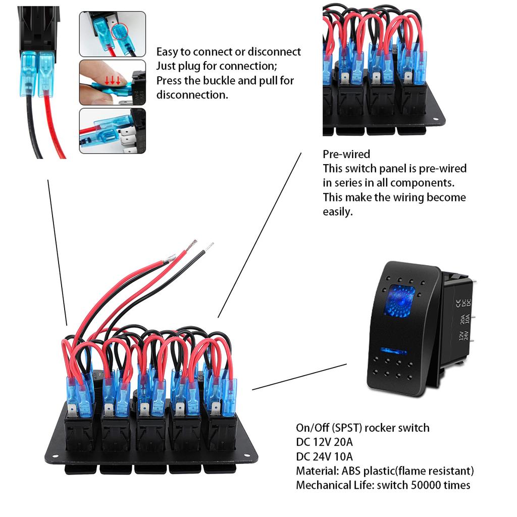 5 sets of rocker switch panels, 12-24V, with dual USB socket 4.2A+voltmeter LED light and cigarette lighter.