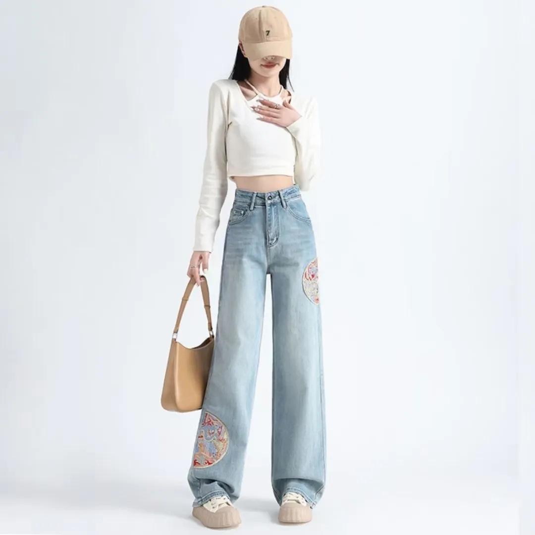 

2025 Women s High Waist Slimming Embroidered Jeans - Chinese Style, Versatile Straight Leg for Spring & Autumn S