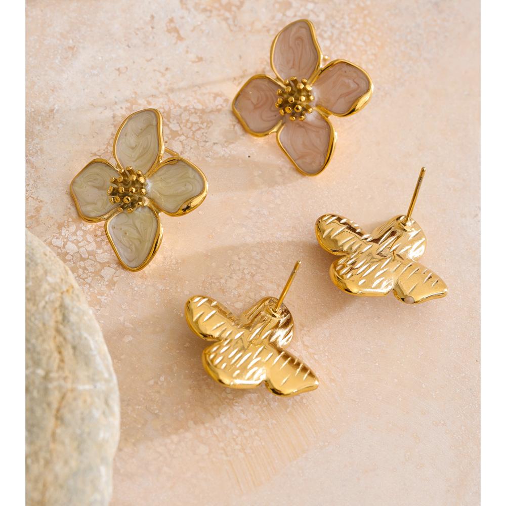 Yhpup 24*26mm Waterproof Stainless Steel Enamel Flower Stud Earrings for Women 16K Golden PVD Plated Exquisite Jewelry Gift
