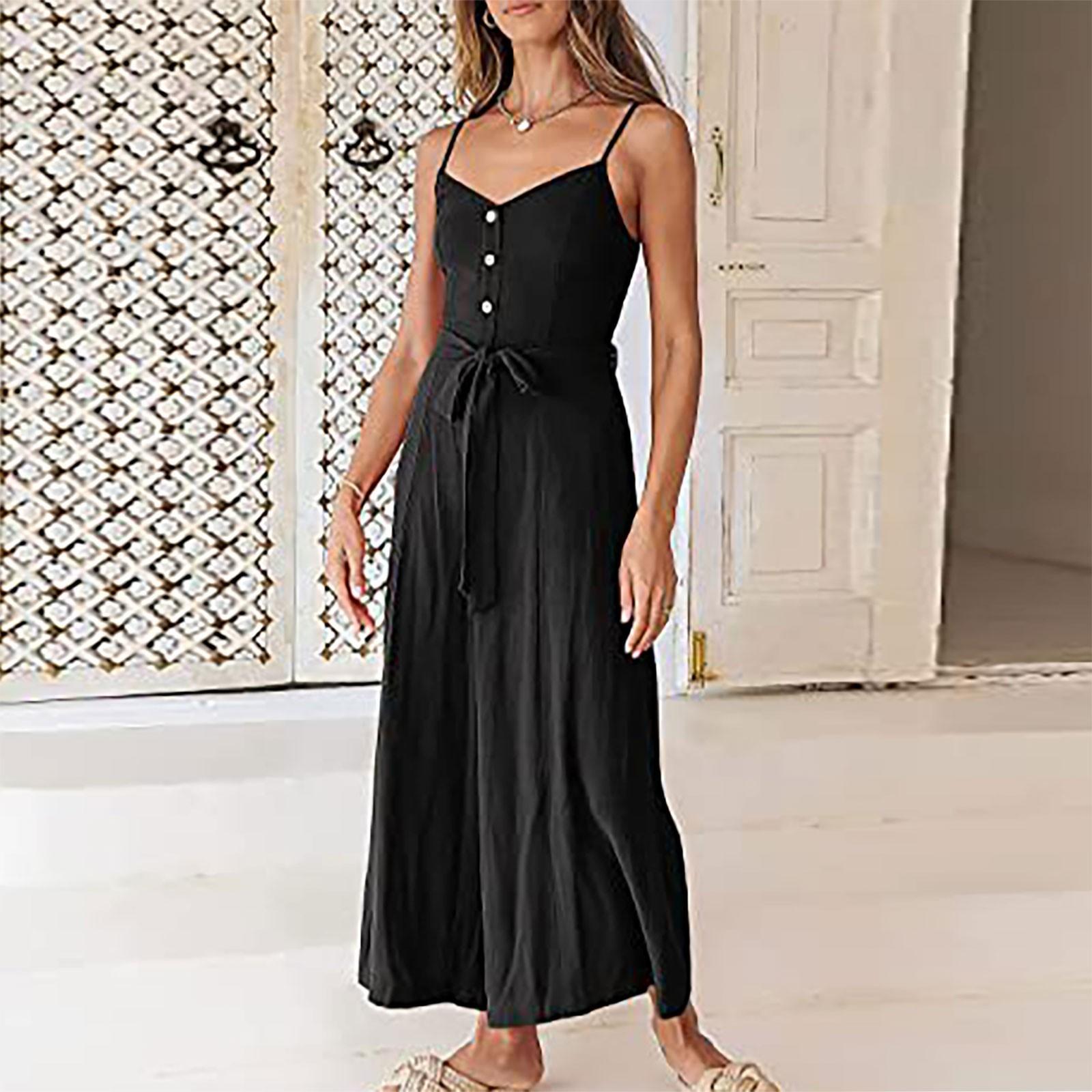 

Женский модный летний повседневный однотонный свободный комбинезон без рукавов с широкими штанинами XXL чёрный