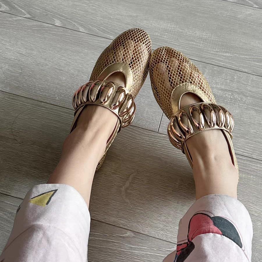 Fishing Net Hollow Single Shoes Women's Metal Buckle Decorative Flat Bottom Word with Mary Jane Shoes Design Sense Breathable Tide