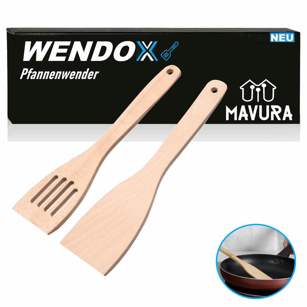 WENDOX Pfannenwender Bratenwender Holzschaber 2er Set [mit & ohne Schlitz]