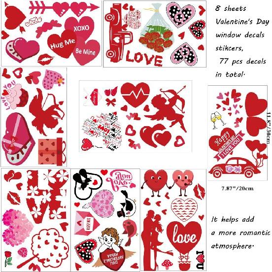 Valentine's Day Window Clings-80 Pieces Static Window Sticker Heart Decal Party Ornaments Supplies 8 Sheets Removable Window Sticker Decals for