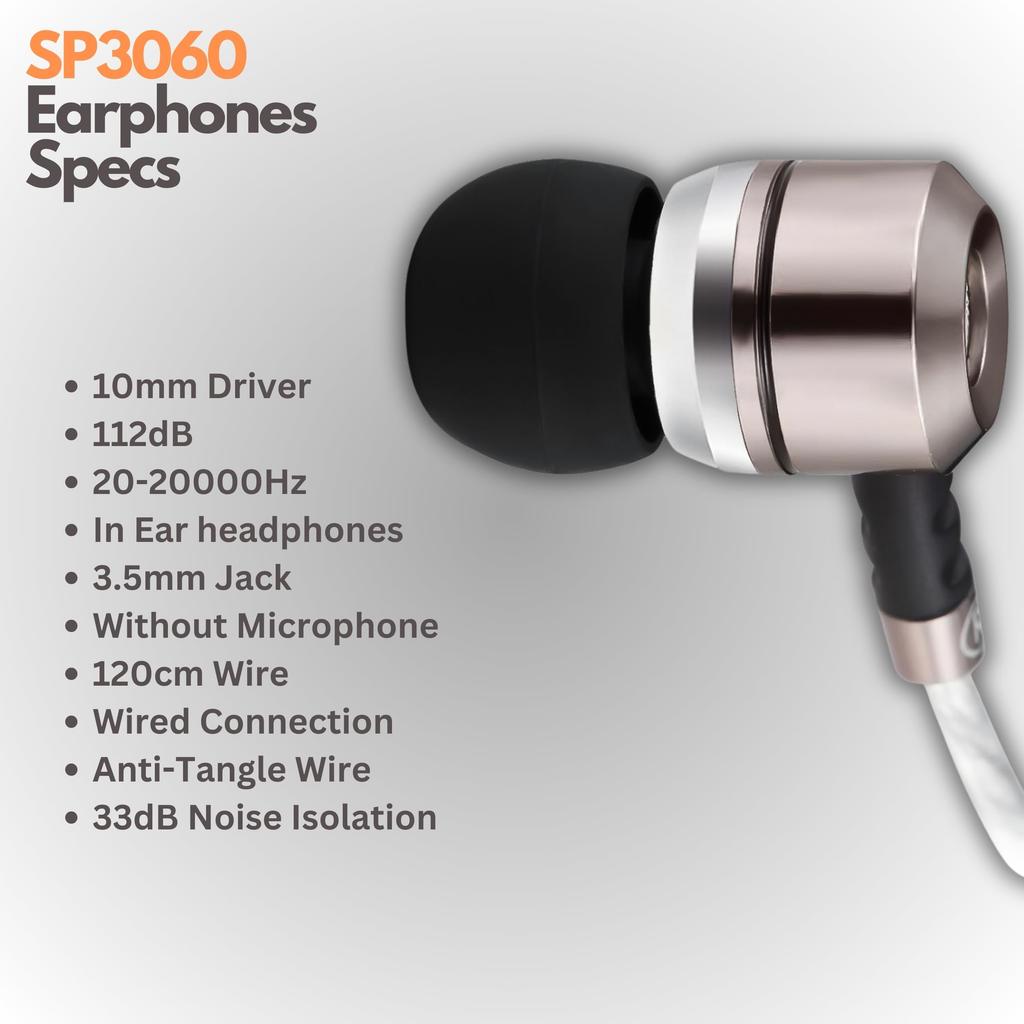 Sephia SP3060 Metal Headphones with Earbud Compatible with and More Tangle-Free In-Ear Bass-Driven Sound, 3.5mm Jack, S/M/L Tips, Samsung, Android,
