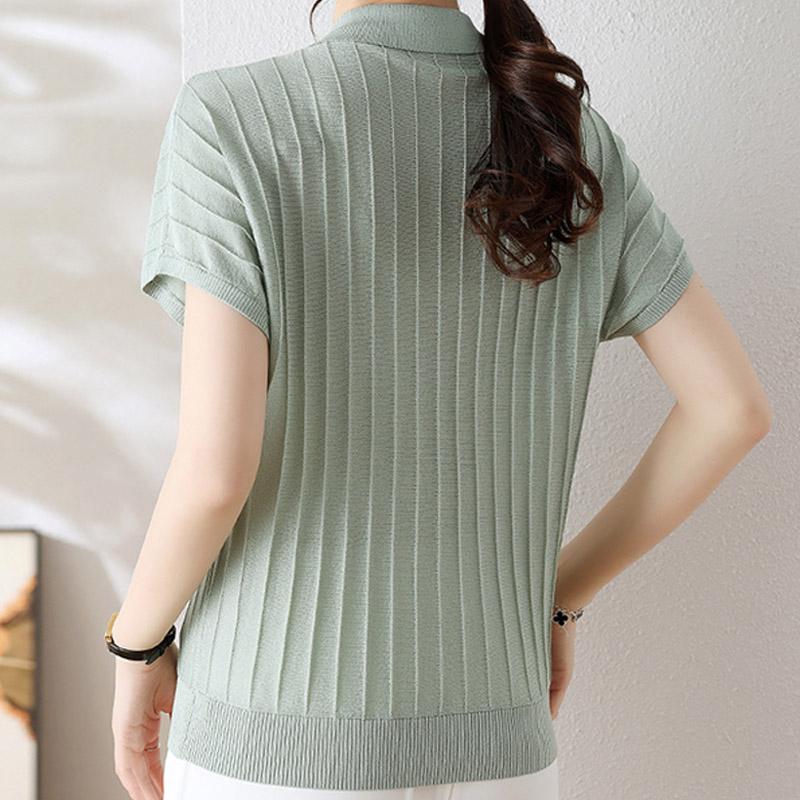 Women Sweaters Pullovers 2025 Summer Short Sleeve Turn Down Collar Casual Knitted Sweater Women Tops Pullover JJ291