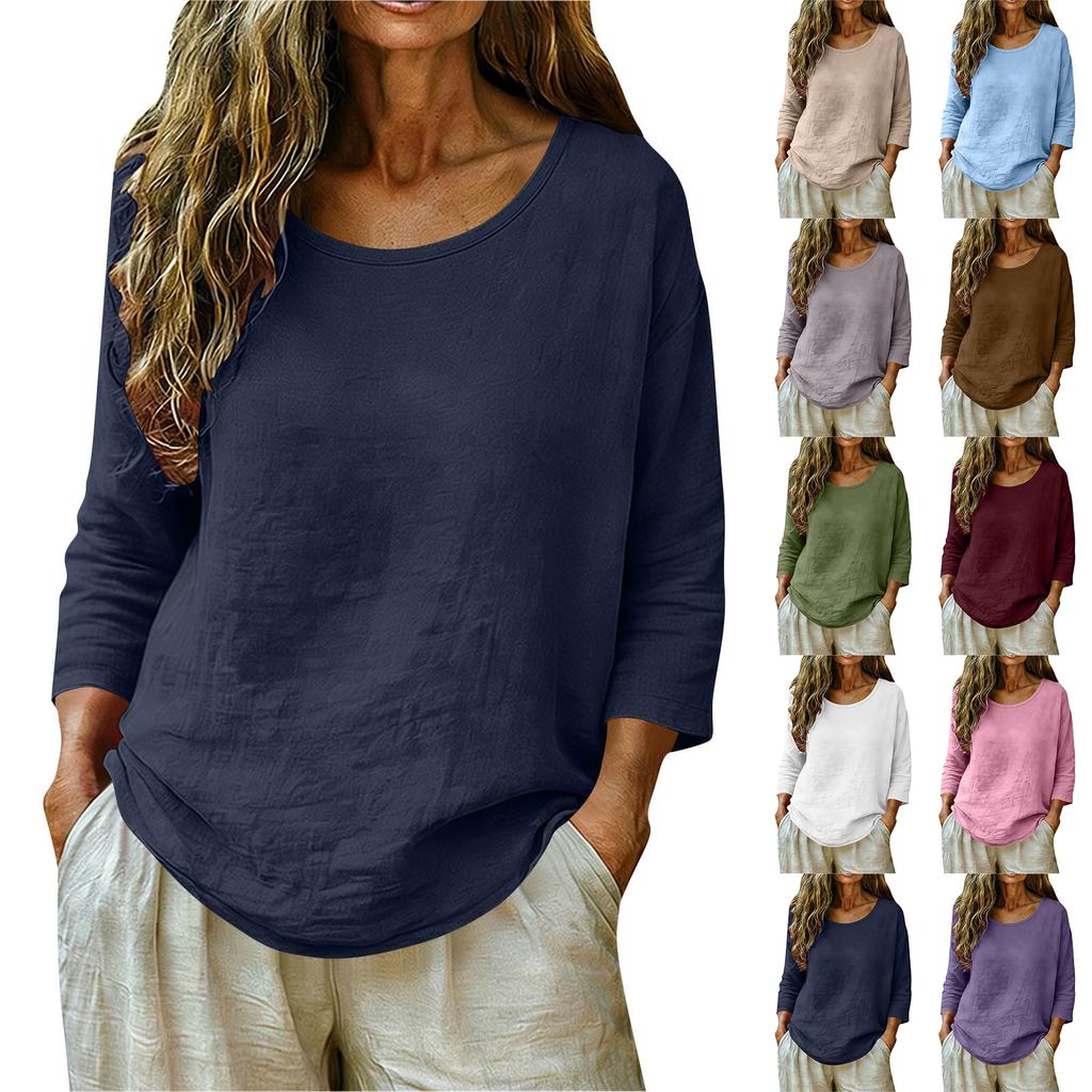 Women's Fashion Casual Solid Color Round Neck Three Quarter Sleeve Loose Fit Cotton Linen Top Lightweight Breathable Blouse