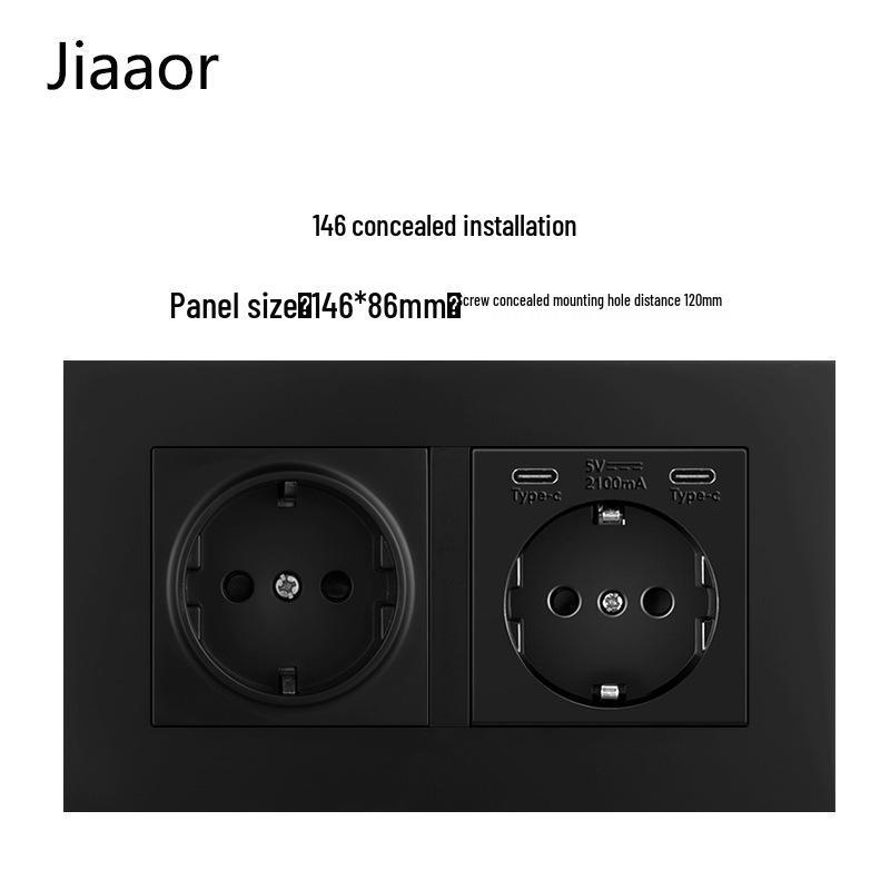 16A Black European Double Gang German-Style Switch & USB/Type-C Socket for Concealed Installation