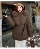 Women’s Short Big Fur Collar Hooded Windproof Thicken Warm Winter Jacket With Belt