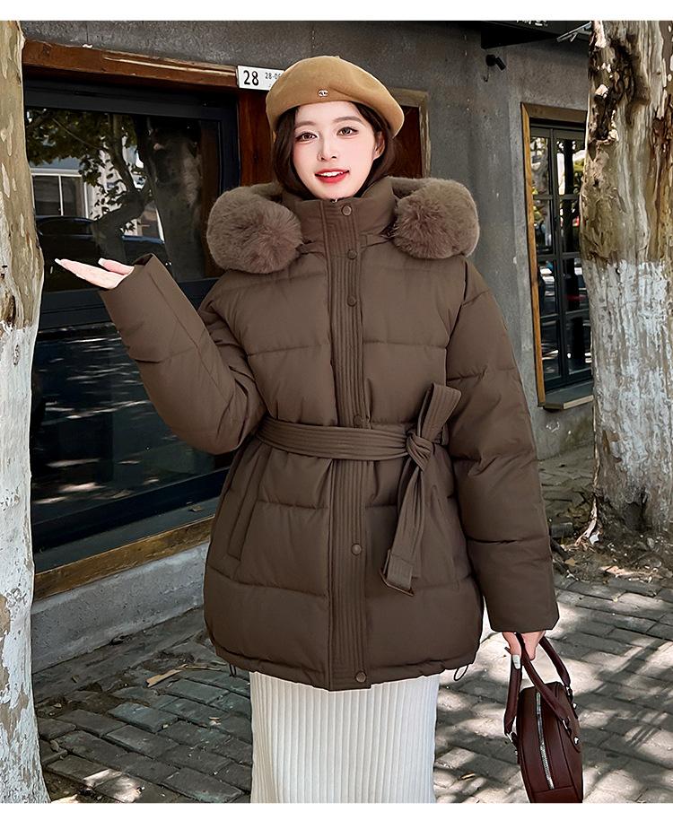 Women’s Short Big Fur Collar Hooded Windproof Thicken Warm Winter Jacket With Belt