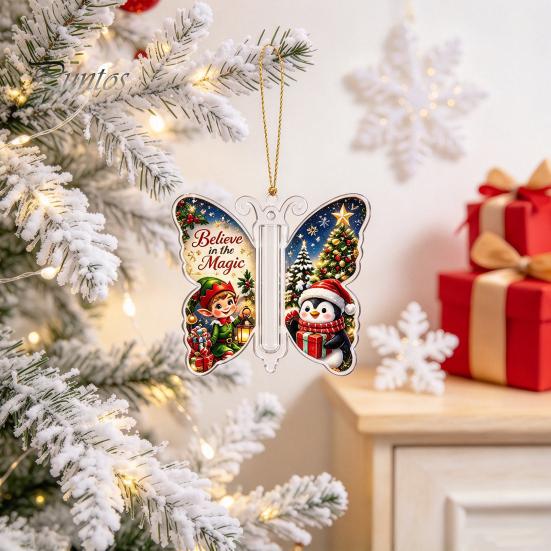 Christmas Keepsake for Money Cash Gift Ornament, 2D Acrylic Butterfly Holder Unique Family Ornament with Clear Compartment Trees, Windows, Doors