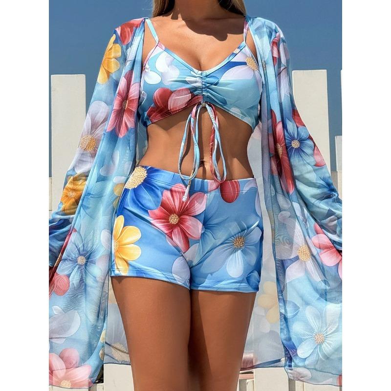 

3 Pieces Tie Dye Bikinis Swimsuit 2026 New Women Drawstring Front Swimwear Female High Waist Shorts Bathers Swim Suit Beachwear XL