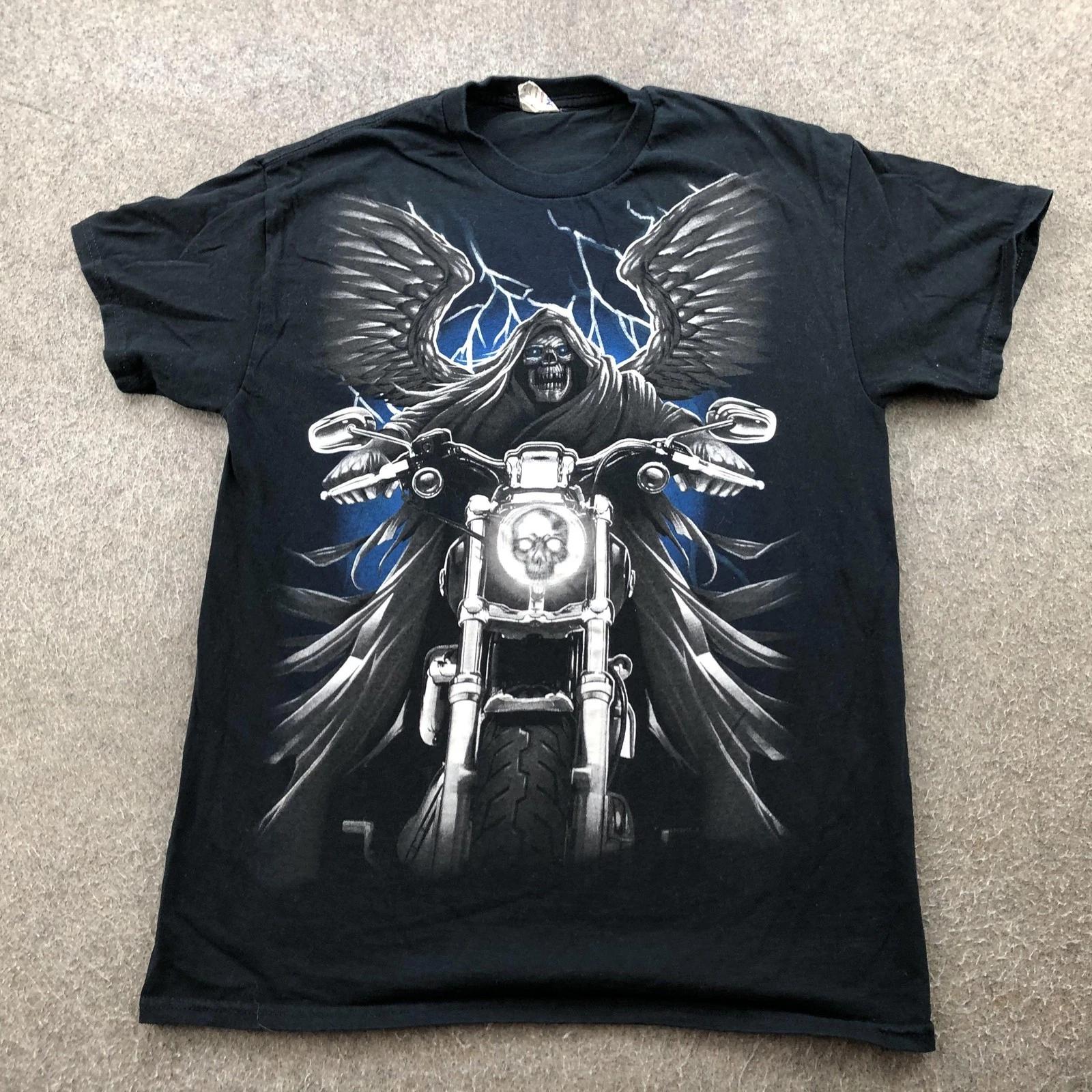 Grim Reaper Motorcycle Shirt Mens Medium Black Graphic Biker Skull Lightning Y2K 3XL